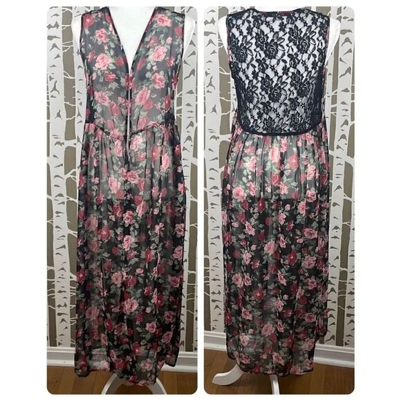 Foreign Exchange Jackets & Blazers - Foreign Exchange Long Sheer Rose Print Lace Back Open Front Maxi Vest Duster sz